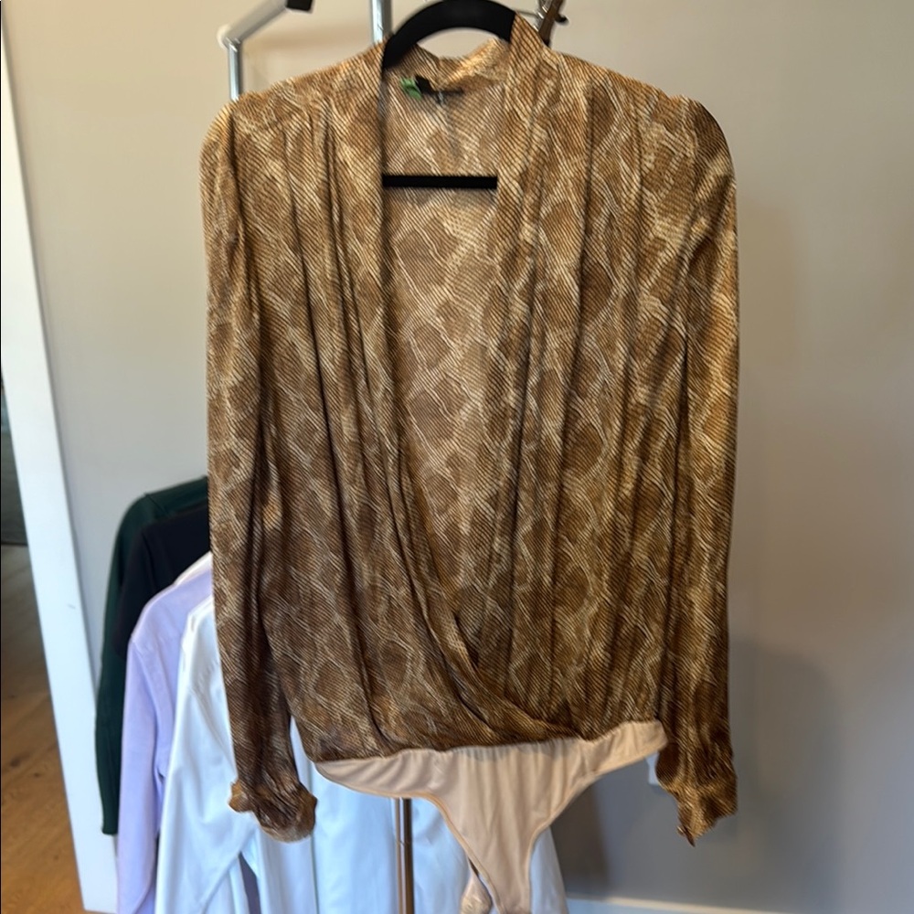 PAIGE Tan and Brown Long Sleeve Wrap Bodysuit